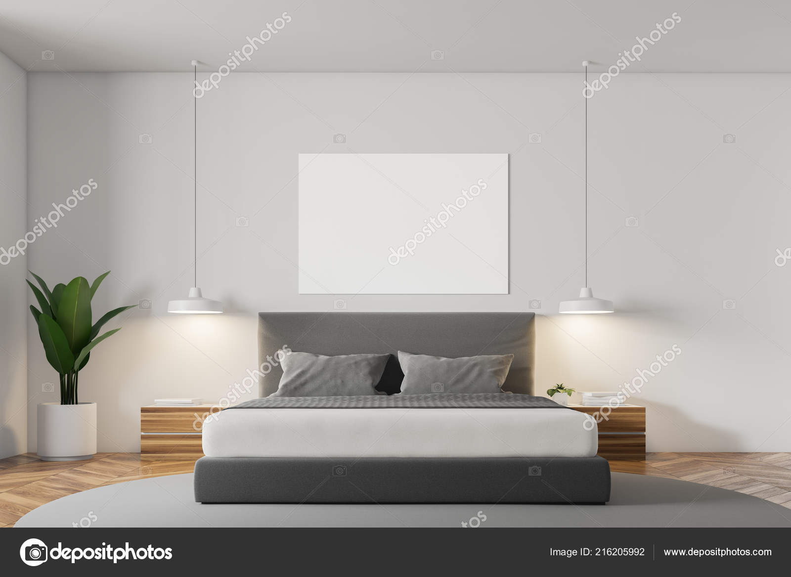 White Wall Minimalistic Bedroom Interior Wooden Floor Grey