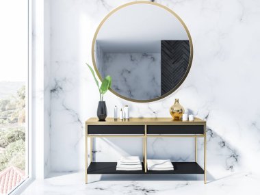 Beyaz mermer banyo iç siyah makyaj birimi kremler ve mumlar ve bir çatı penceresi 3d render ile yukarıda yuvarlak ayna
