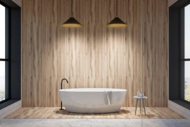 Minimalist banyo iç ahşap ve beyaz tuğla duvarlar, büyük pencereler ve beyaz yuvarlak banyo ile. 3D render kopya alanı