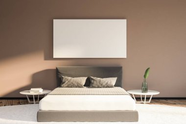 İki başucu masaları ve şık lambalar ile minimalist yatak odası iç bej duvarlı, ahşap zemin ve bir kral yatak. Beyaz halı 3B oluşturmayı yatay poster kadar sahte