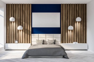 Modern yatak odası iç koyu mavi ve ahşap duvarlar, gri bir ana yatak ve iki nightstands. 3D render yatay poster kadar sahte