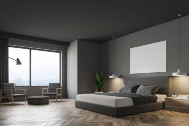 Ahşap zemin, masterbed, gecelik ve yuvarlak sehpa gri koltuklar ile gri minimalist yatak odası. Pencere orman manzaralı. 3D render yatay sahte kadar poster