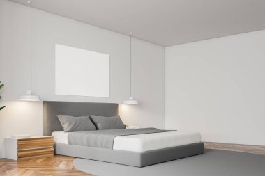 Beyaz duvar minimalist yatak odası bir ahşap zemin, masterbed duran bir gri halı köşesinde ve gecelik ilişki. 3D render yatay poster kadar sahte