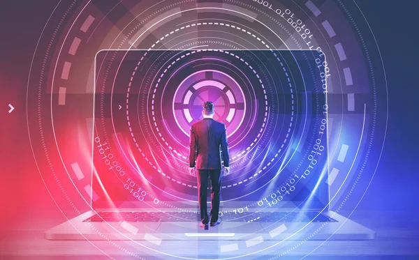 Rear view of man in suit entering hud wormhole inside a giant laptop standing on a desk. Ai, vr and innovation concept. Toned image double exposure