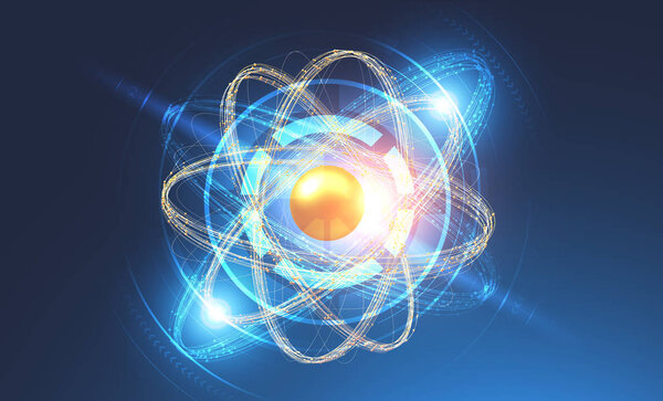Glowing gold and blue atom model and hud over dark blue background. Concept of science, chemistry and physics. 3d rendering copy space toned image double exposure