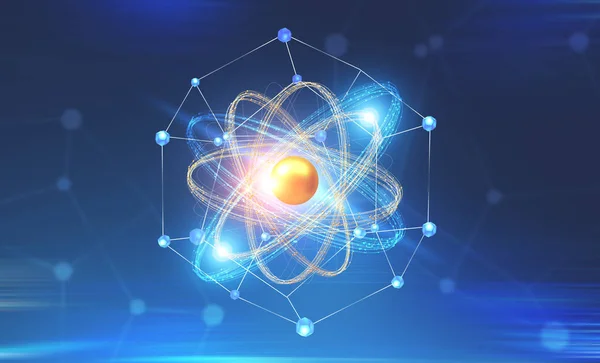 Glowing Gold Blue Atom Model Network Interface Dark Blue Background — Stock Photo, Image