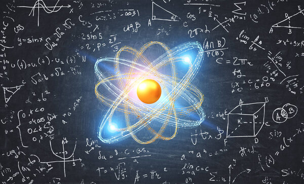Glowing gold and blue atom model over blackboard with formula background. Concept of science, chemistry and physics. 3d rendering copy space toned image double exposure