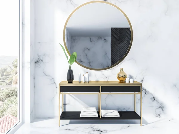 White Marble Bathroom Interior Mirror Black Vanity Unit Creams Candles — Stock Photo, Image