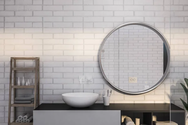 Modern Banyo Beyaz Tuğla Duvarlı Bir Yuvarlak Ayna Soldaki Bir — Stok fotoğraf