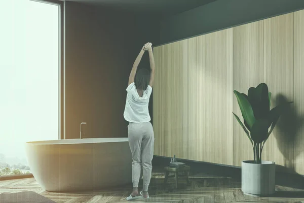 Woman Pajamas Standing Gray Bathroom Wooden Floor Gray Rug Window — Stock Photo, Image