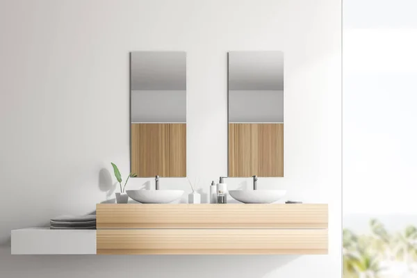 Double Sink Wooden Countertop Two Vertical Mirrors Shelf Folded Towels — Stock Photo, Image