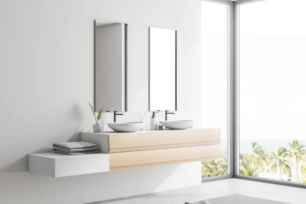 Side View Double Sink Wooden Countertop Two Vertical Mirrors Shelf — Stock Photo, Image