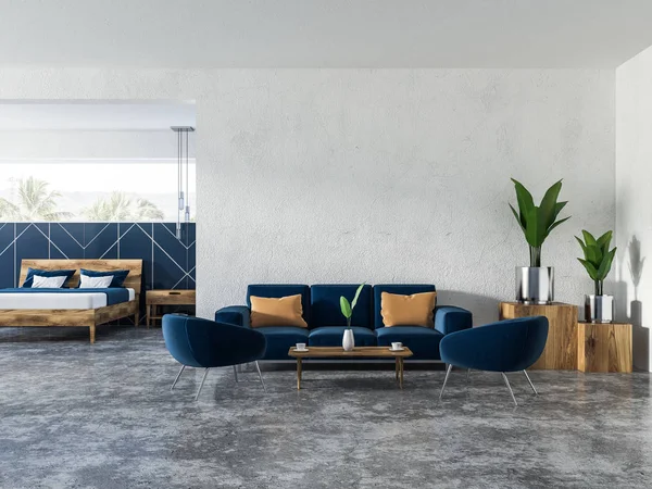 Interieur Van Blauw Wit Woonkamer Met Zachte Blauwe Bank Fauteuils — Stockfoto