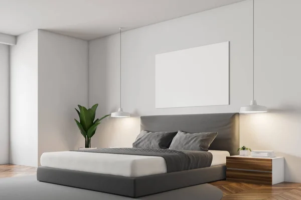 White wall minimalistic bedroom corner with a wooden floor, a grey carpet with masterbed standing on it and night stands. 3d rendering Horizontal mock up poster