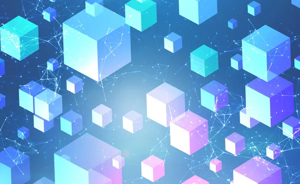 Witte Roze Blokjes Blauwe Achtergrond Een Polygonal Netwerkinterface Structuren Concept — Stockfoto