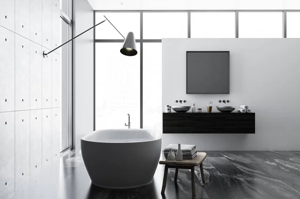 Concrete White Bathroom Interior Black Marble Floor White Bathtub Double — Stock Photo, Image