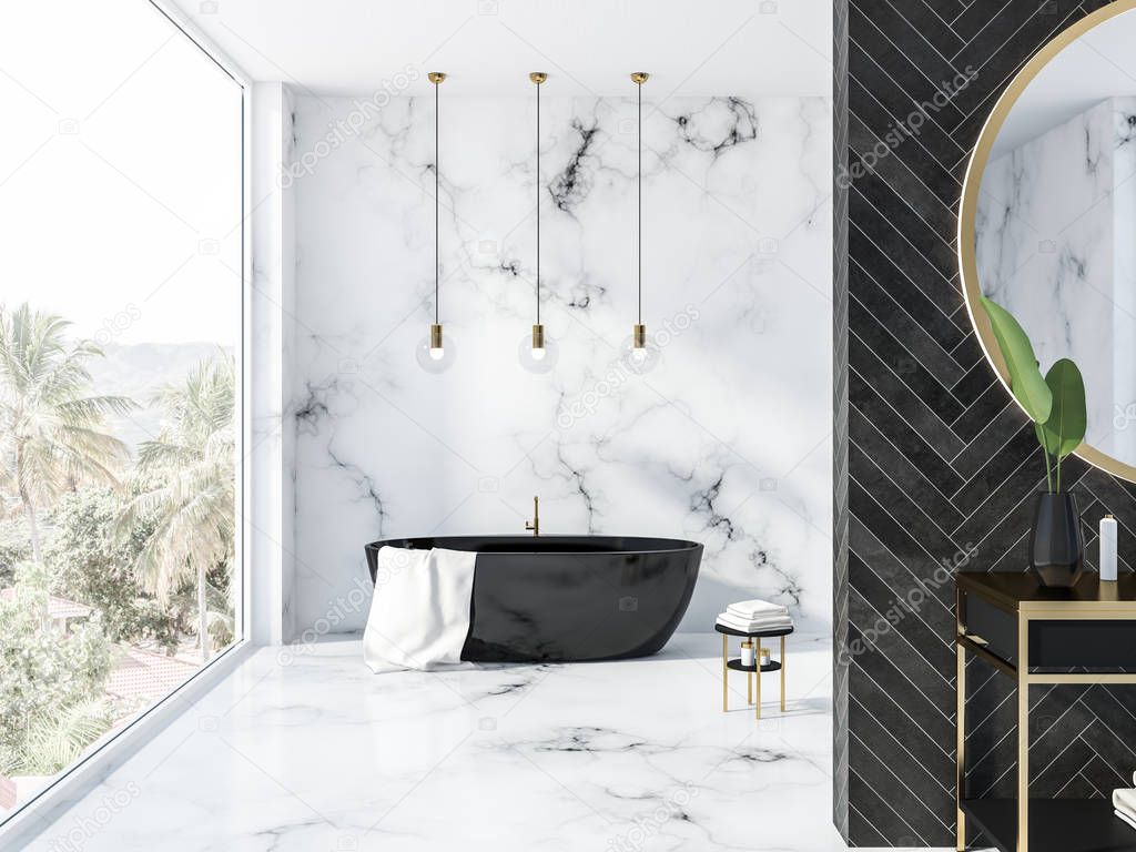 White marble and black wood bathroom interior with a black bathtub, a round mirror above a black vanity unit and panoramic window. 3d rendering