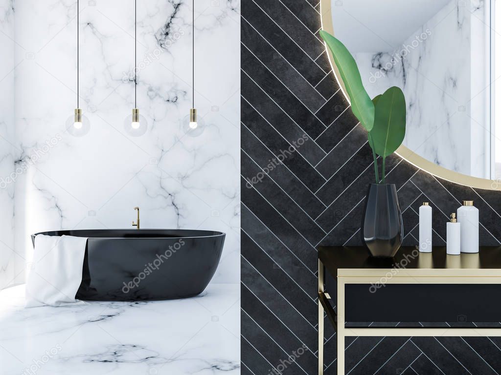 Close up of white marble and black wood bathroom interior with a black bathtub, a round mirror above a black vanity unit and panoramic window. 3d rendering