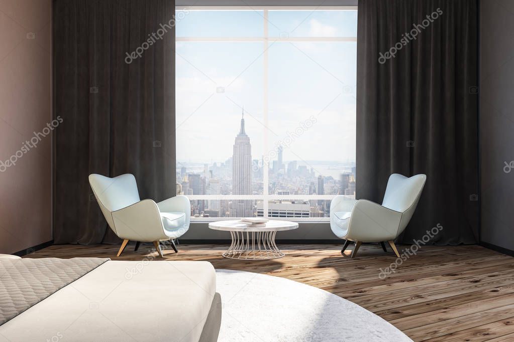 Gray wall bedroom interior with king size bed, wooden floor and two white armchairs standing near a round coffee table under a gray curtains window. 3d rendering