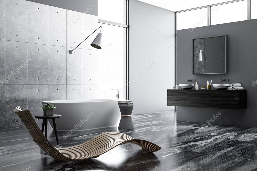 Concrete and white bathroom interior with a black marble floor, a white bathtub, a double sink and a loft window. Stylish wooden deck chair. 3d rendering