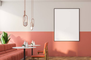 Pembe ve beyaz loft retro Cafe iç ahşap zemin, küçük yuvarlak masalar ve pembe koltuklar ve sandalyeler ile önden görünümü. Retro lambaları. 3B oluşturmayı dikey poster çerçeve sahte