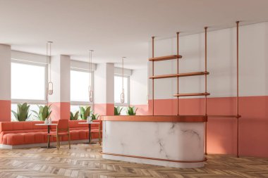 Pembe ve beyaz loft retro bar iç ahşap zemin, beyaz mermer bar ve şişe rafları ile. Küçük tablolar ve pembe kanepe. 3D render