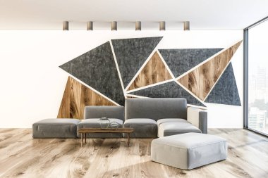 Oturma odası iç griye, ahşap ve beyaz geometrik duvar desen, bir ahşap zemin, çatı penceresi ve gri bir sehpa ile kanepe. 3D render kopya alanı