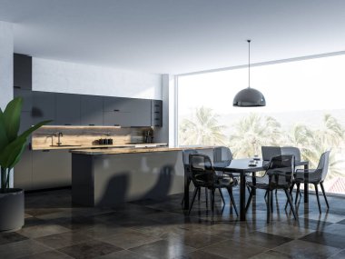Yemek odası köşe beyaz duvarlar, damalı zemin, tropik manzaralı panoramik pencere, cam masa siyah sandalye ve mutfak içinde belgili tanımlık geçmiş. 3D render kopya alanı