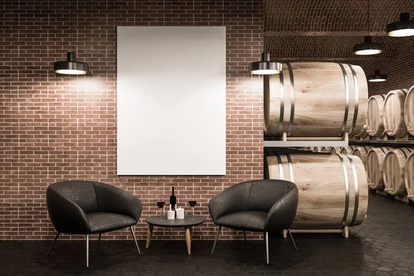 砖酒窖与蜂窝式地板图案 排木桶 一小桌子与葡萄酒瓶和眼镜 软扶手椅和垂直模拟海报 — 图库照片