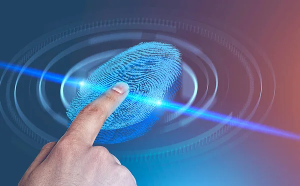 Hand Man Using Fingerprint Hud Immersive Interface Blurred Blue Red — Stock Photo, Image