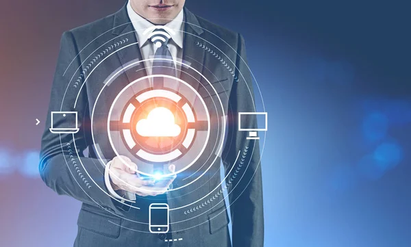 Unrecognizable Young Businessman Looking His Smartphone Screen Cloud Computing Hologram — Stock Photo, Image