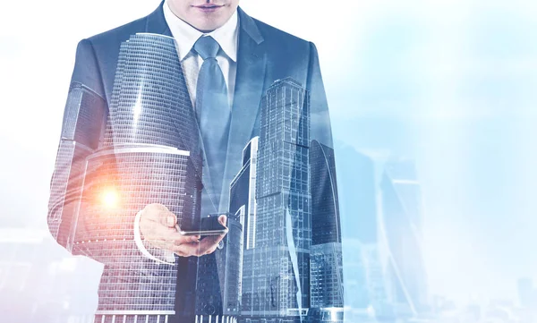 Unrecognizable Young Businessman Looking His Smartphone Screen Standing Foggy Cityscape — Stock Photo, Image