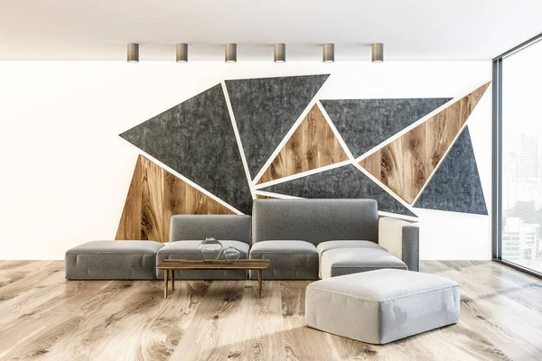 Oturma Odası Griye Ahşap Beyaz Geometrik Duvar Desen Bir Ahşap — Stok fotoğraf