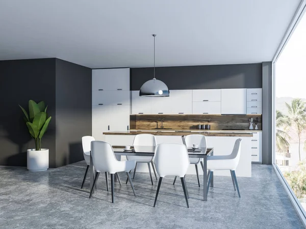 Dining Room Interiör Med Grå Väggar Ett Betonggolv Panoramafönster Glasbord — Stockfoto