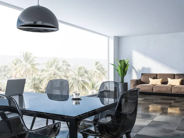 餐厅内设有白色墙壁 格子地板 带黑色椅子的玻璃桌和一张棕色沙发 热带景观全景窗口 渲染复制空间 — 图库照片