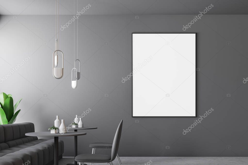 Close up of light gray bar interior with a concrete floor, small round tables and grey sofas and chairs. Retro lamps. 3d rendering Vertical mock up poster frame