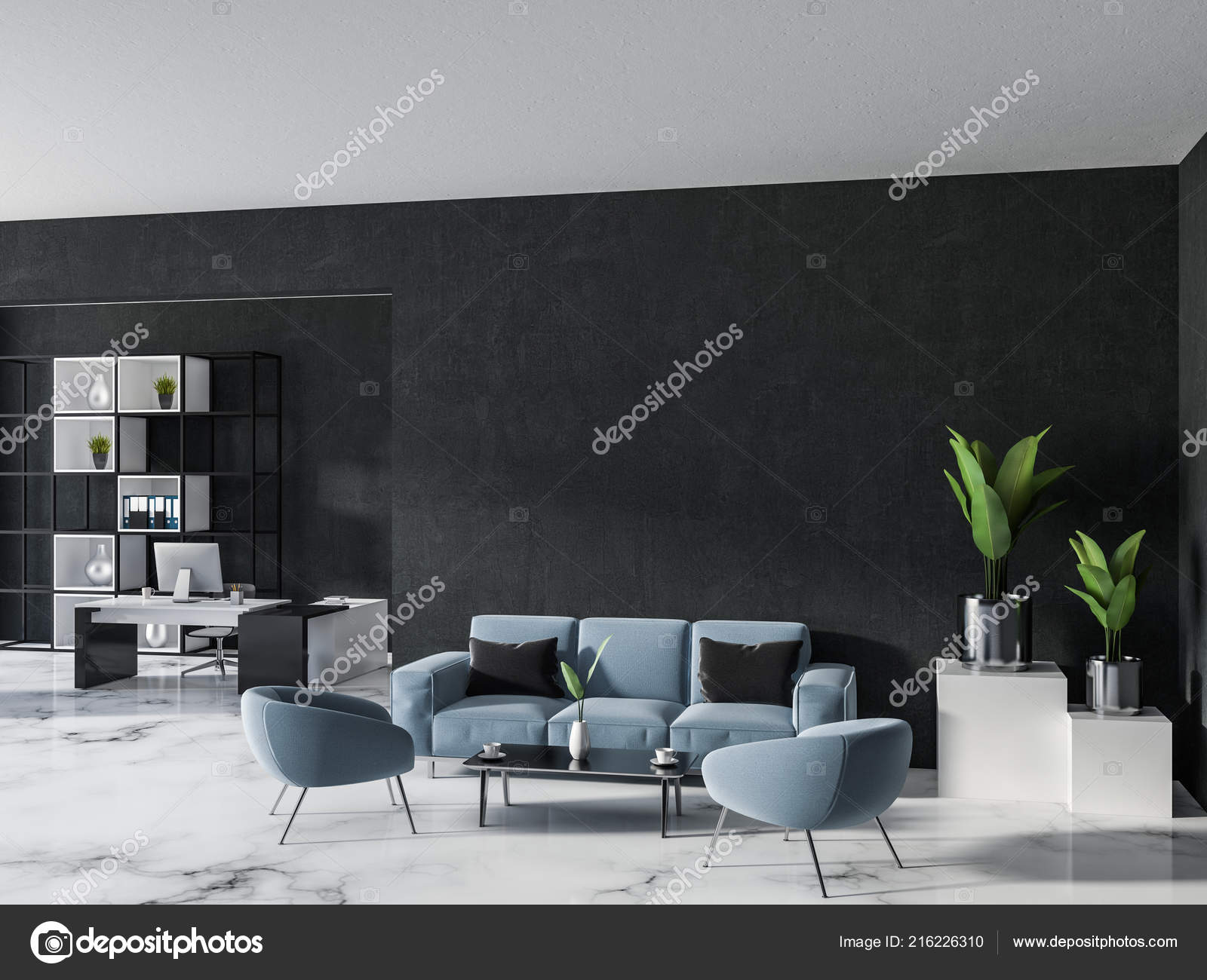 Luxury Home Office Manager Office Black Walls White Marble Floor