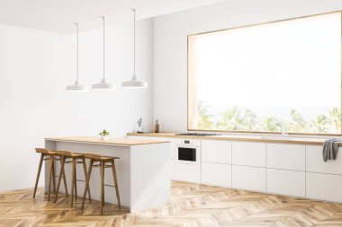 Ahşap zemin, tropikal görünüm ve beyaz mutfak tezgahı ile büyük pencere ile beyaz mutfak köşesi. Bar tabureleri ile. 3D render kopya alanı