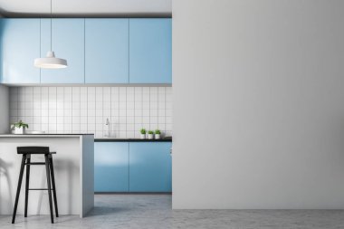 Beyaz çini mutfak beton zemin, büyük pencere ve mavi mutfak tezgahı ile önden görünümü. 3D render kopya boşluk duvar sağ