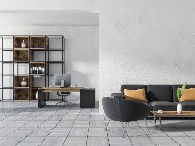 Lüks ev ofis veya müdür ofis beyaz duvarlar, Beyaz ahşap seramik zemin, bir bilgisayar tablo, bir kitaplık, bir kanepe koltuk ve bir sehpa ile birlikte. 3D render kopya alanı