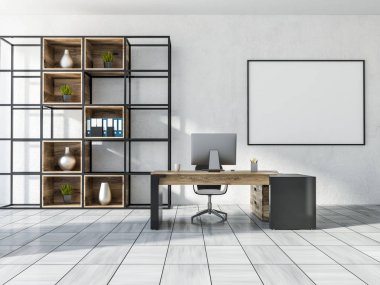 Beyaz duvarları, Beyaz ahşap seramik zemin, bilgisayar masası ve bir kitaplık ile lüks Yöneticisi office iç. 3D render yatay poster çerçevesi kadar sahte