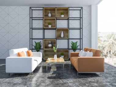 Beyaz geometrik duvar desen oturma odası iç beton zemin ve vazolar ve saksı bitkileri ile bir dolap. Beyaz ve turuncu kanepeler ve sehpa 3d render