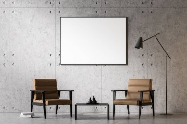 Beton zemin ve duvar ve sehpa dikey sahte kadar poster çerçevesi altında yakın duran iki kahverengi koltuk oturma odası iç. 3D render