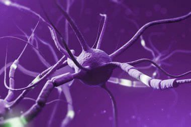 Close up of gray purple with glowing segments over purple background. Neuron interface and computer science concept. 3d rendering copy space