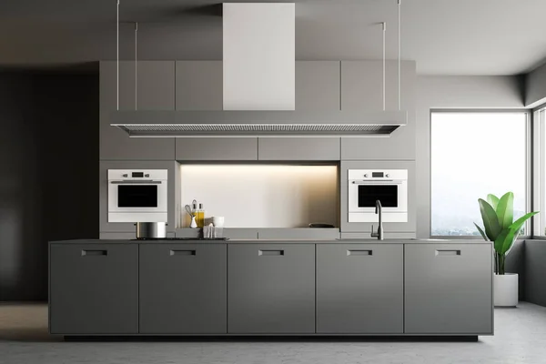 Interior Stylish Kitchen Gray Walls Concrete Floor Gray Countertops Built — Stock Photo, Image
