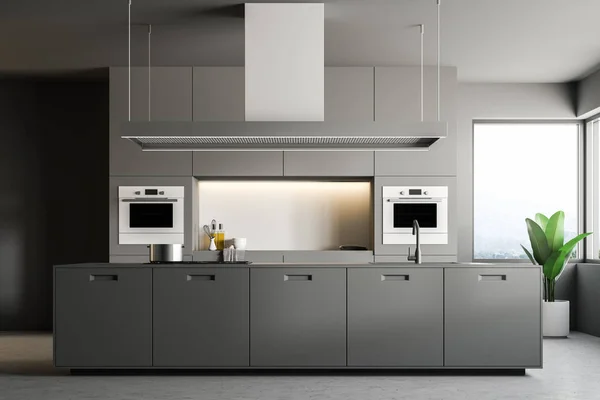 Interno Cucina Elegante Con Pareti Grigie Pavimento Cemento Controsoffitti Grigi — Foto Stock