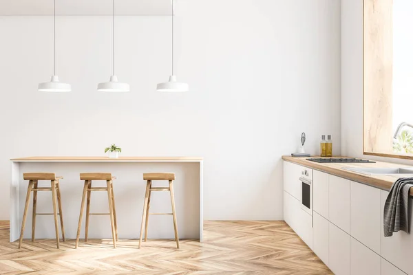Innenraum Der Weißen Küche Mit Holzboden Großem Fenster Und Weißen — Stockfoto