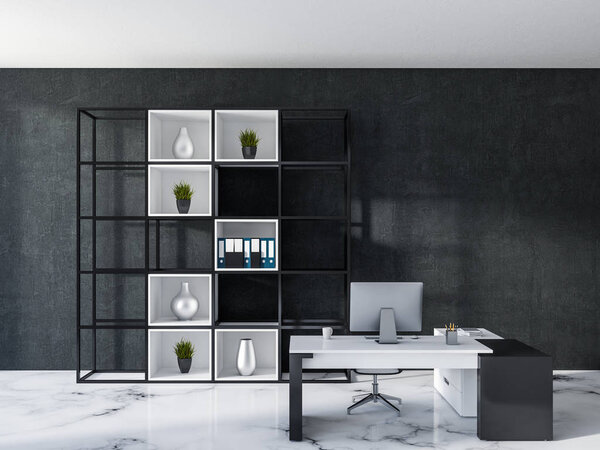 Интерьер офиса менеджера класса люкс с черными стенами, белым мраморным полом, компьютерным столом и книжным шкафом. 3D рендеринг пространства для копирования

