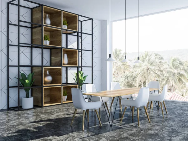 Witte Muur Van Geometrische Patroon Eetkamer Interieur Met Betonnen Vloer — Stockfoto