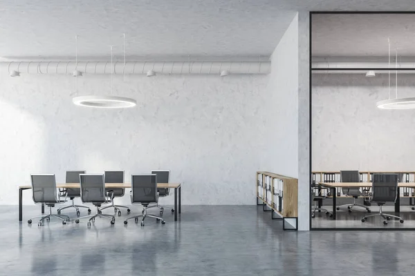 Interior of industrial style conference room with concrete and glass walls, two wooden tables and metal chairs. Round ceiling lamps and pipes. 3d rendering copy space